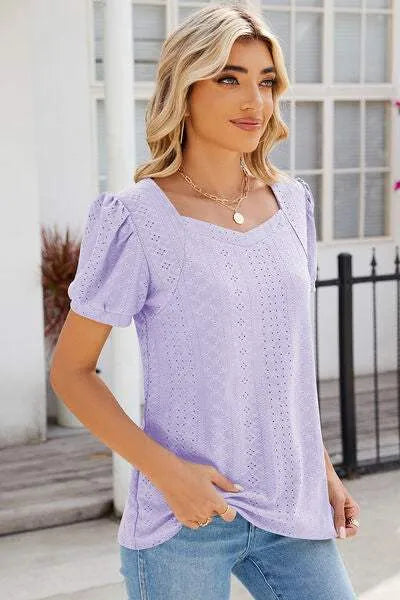 Eyelet Puff Sleeve T-Shirt Women's T-Shirts - Tophatter Daily Deals